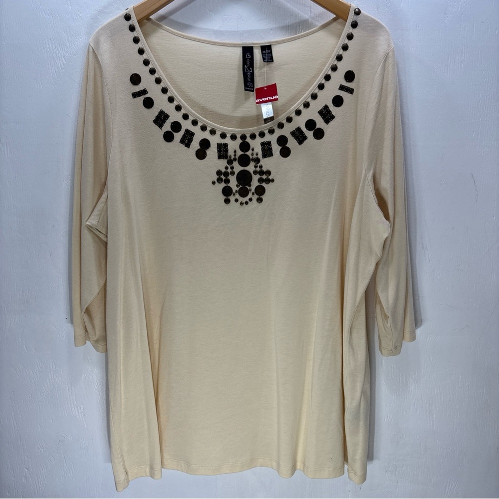 Avenue Cream Relaxed Fit Comfortable Embellished Soft Classic Blouse Size 18/20
